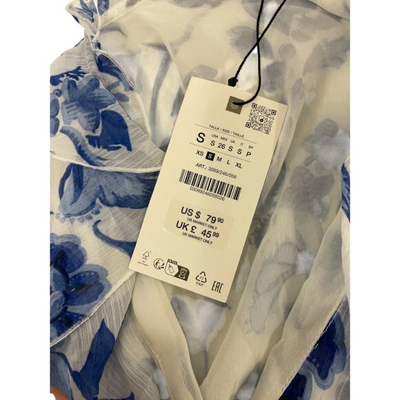 Zara Womens Midi Dress S Small White Blue Printed Elastic Waist 3099/246 NWD - Picture 5 of 14
